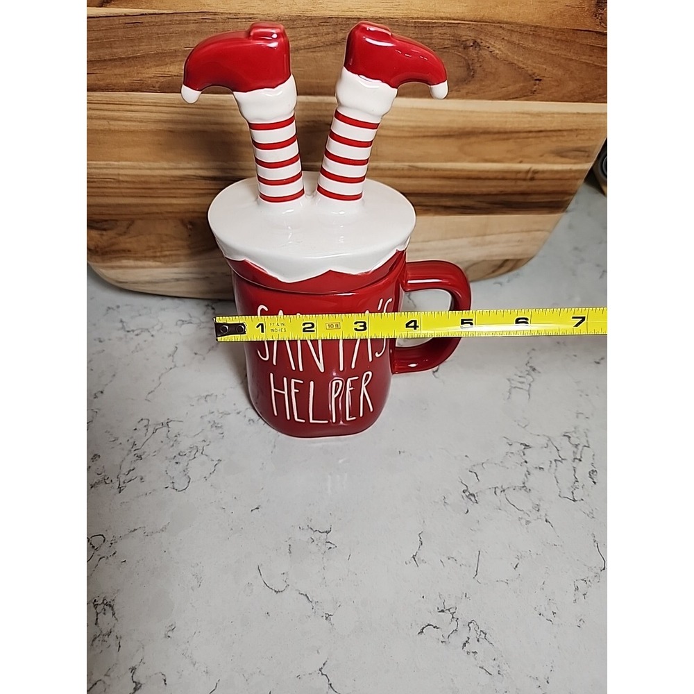 Rae Dunn SANTA'S HELPER Mug w Elf Legs Topper Christmas Red White 2020 VHTF - Picture 4 of 11